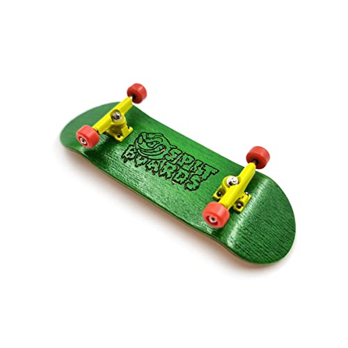 SPITBOARDS 32 mm Fingerboard Complete Real Wood Set-Up (pre-ensamblado, 5 capas), Camiones con Lock-Nuts, Bearing Wheels, Foam Grip Tape, (Deck: Verde, Camiones: Amarillo, Ruedas: Rojo)