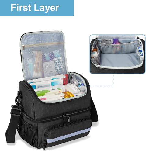 CURMIO Doppelschicht Medizinische Tasche, Tragbar Reiseapotheke, Notfalltasche für Medizinflasche, Vitamine, Medizinisches Zubehör (Leere Tasche), Schwarz