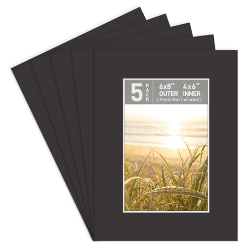 Golden State Art, Pack of 5, Pre-Cut 6x8 Picture Mats Bevel Edge 3.5x5.5 Opening for 4x6 Photos, Black