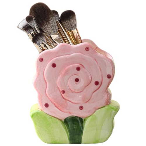 YOYLMAL Ceramic Flower Makeup Brush Holder for Women Girls, Cute Pen Pencil Cup Pot for Desk Organizer, Bathroom Toothbrush Holder Home Office Decor (Pink Rose)
