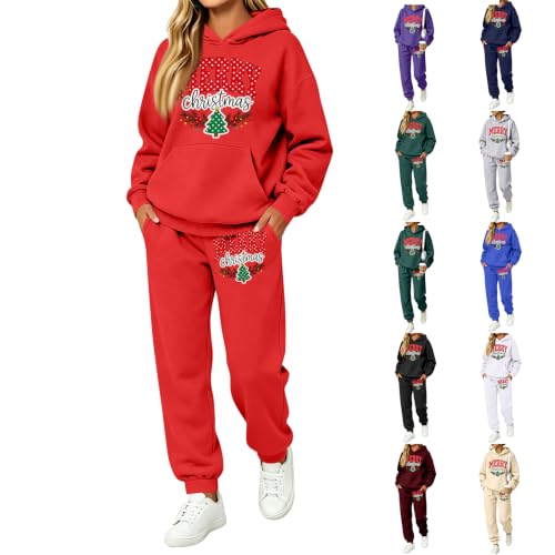 Sweatsuits Women 2 Piece Outfit Christmas Print Fleece Oversized Hoodie Set