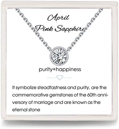 Presentski Birthstone Pendant Necklace 925 Sterling Silver - Single Round Cubic Zirconia Crystals Gemstone Birthstones Necklaces Gift for Women Girls