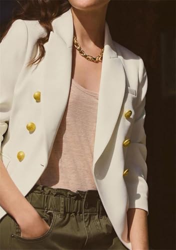 Womens Double Breasted Notch Lapel Blazer Open Front Gold Button Jacket Solid Color Casual Suits with Pockets3