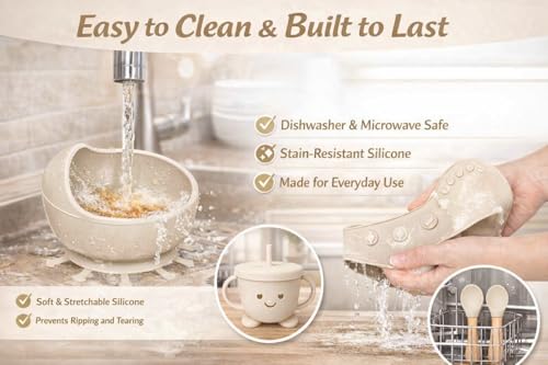 Image of SJC Global Silicone Baby Feeding Set Beige - 6 PCS Plate, Bowl, Spoon, Fork, Bib & Cup | Food‑Grade Silicone Tableware for Babies & Toddlers