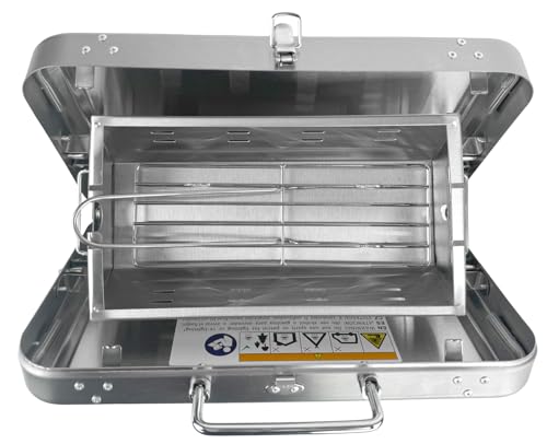 GARDINGER BBQ 42 mobiler Koffergrill aus Edelstahl für Gaskartuschen Holzkohle | Klappbarer Camping-Grill für Picknick Outdoor mit Grillzange | 31x20x7 cm