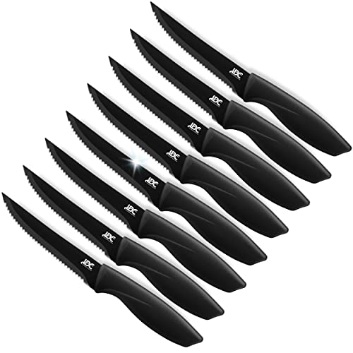 LDC Steak Knives Set of 8 - Black Steak Knife Set & Dinner Knife Set- Stainless Steel, Ultra-Sharp, Scratch Resistant And Rust Proof - Non Stick and Dishwasher Safe - Serrated Steak Knives