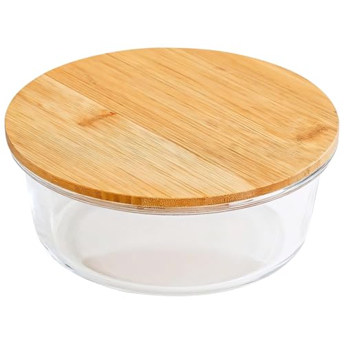 Vestamore Cuenco de vidrio y bambú apto para alimentos, recipiente transparente para almacenamiento de alimentos, apto para microondas y lavavajillas, hogar, cocina, viajes, cuenco de vidrio con tapa