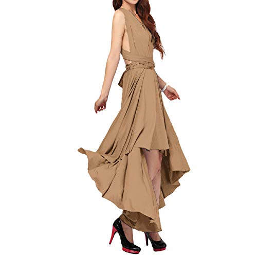 Women s Transformer Convertible Multi Way Wrap Long Prom Dress Halter V-Neck One Shoulder Wedding Evening Party Maxi Dress Spaghetti Strap Criss Cross Back Formal Cocktail Gown Brown Hi Low S
