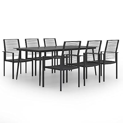 AGANS Stylish 7 Piece Patio Dining Set for Outdoor Dining, Durable Glass Top Table with 6 Comfortable Chairs, Black