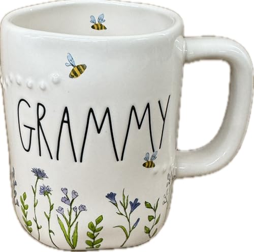Rae Dunn Grammy Ceramic Coffee Mug with Floral Design and Bees