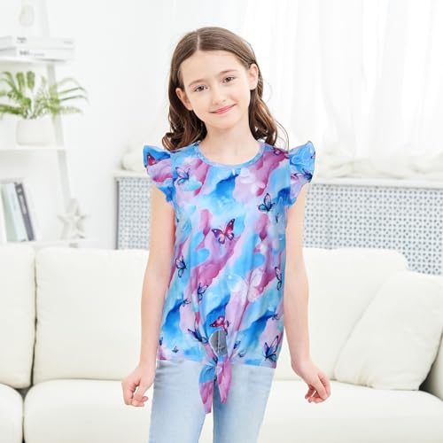 Image of JESKIDS Girls Short Sleeve Shirts Ruffle Tie Front Unicorn /Tie Dye Print Summer Tee Tank Tops 3-11 Years