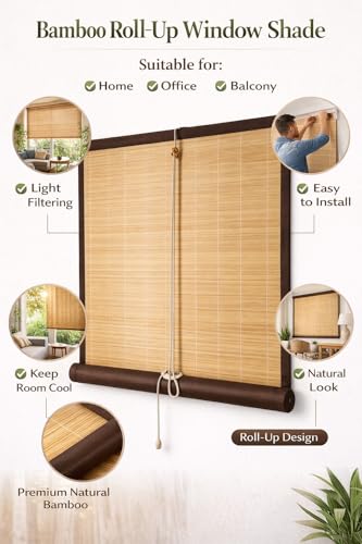 Image of Water Proof Bamboo Curtains for Balcony Roller Rollup Blinds, Bamboo Chick Curtain, for Rain, Sunlight, Dust & Cold Air Protection (Color-Brown,3ft x 8ft (W x H)