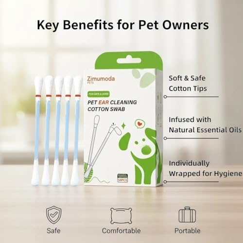 Image of 50 Pcs 2-in-1 Pet Ear Cleaning Cotton Swabs for Dogs & Cats - Essential Oil Infused Cat Ear Cleaner - Gentle Ear Wax Removal - Soothing Itch & Freshness - Individually Wrapped for Easy Use