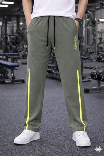 Image of Mack Jonney Men's Track Pants with Neon Yellow Side Stripe | Regular Fit Gym & Sports Lower | Activewear Training Joggers with Drawstring-M7961