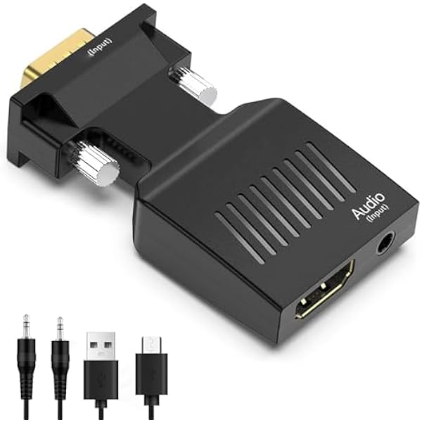 Adapter VGA na HDMI, Konwerter Interfejsu Multimedialnego VGA na HD z Portem Audio 3,5 Mm, Aktywny Męski Konwerter VGA na żeńskie HDMI 1080P, Obsługuje synchronizację Dźwięku i