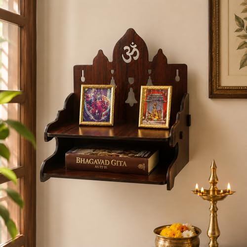 Image of Zesta Wooden Mandir for Home Big Size | DIY Pooja Mandir with LED Spot Light | Devghar Cabinet for Living Room or Office | Wall Mounted Pooja Unit for Home (Temple with 2 Steps)