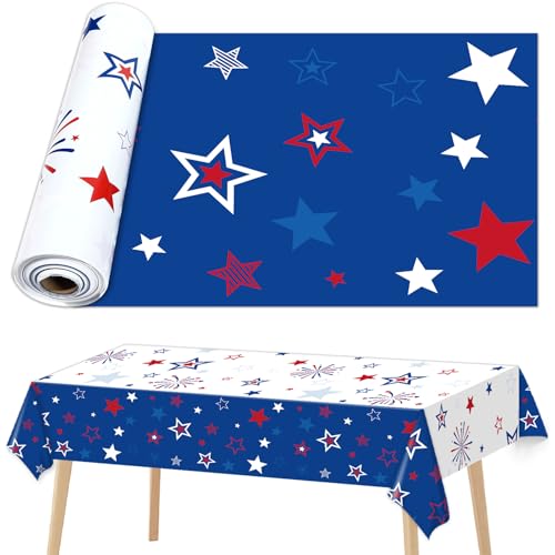 party greeting Patriotic 4th of July Tablecloth Roll for Independence Day 100ft x 51inch Memorial Day Table Cover with Red White Blue Star Veterans Day Backdrop for Patriotic Themed Party Supply