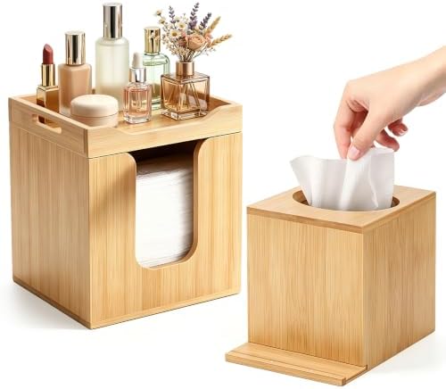 WSBArt 2PCS Bamboo Disposable Face Towel Holder with Tissue Box Cover, Open-Top Skin Care Organizer, Bathroom Countertop Vanity Storage for Facial Towels and Daily Paper Tissues