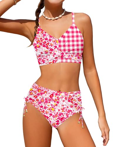 Image of Teen Girls Swimsuits V-Neck Bikini Set Bathing Suits Cross Straps Two Piece Swimwear with Drawstring