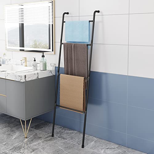 Leguang Towel Rack Blanket Ladder Holder, Wall Leaning Metal Holder Rack, For Living Room Bedroom Bathroom Decorative Outdoor Pool - 4 Tiers - Black #TOP4