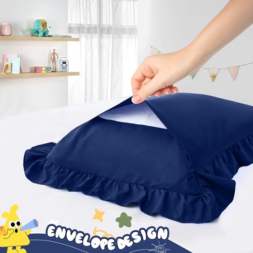 Image of 13 inchx18 inch Toddler Pillow Cases Set of 2, Navy Blue Ruffled Pillow Shams Brushed Microfiber Nursery Pillow Cover for Boys Girls, Soft Breathable Machine Washable