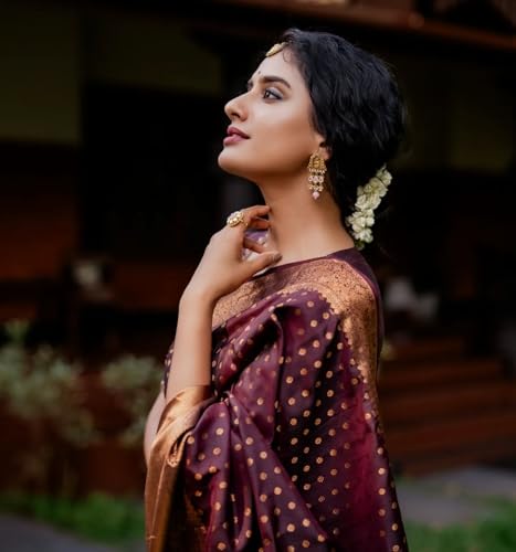 Image of Sugathari Women's Maroon Banarasi Kanchipuram Art Silk Saree for Women - Traditional Wedding & Party Saree with Blouse Piece - Ethnic Indian Silk Saree for Bridal, Festive (KS-156)