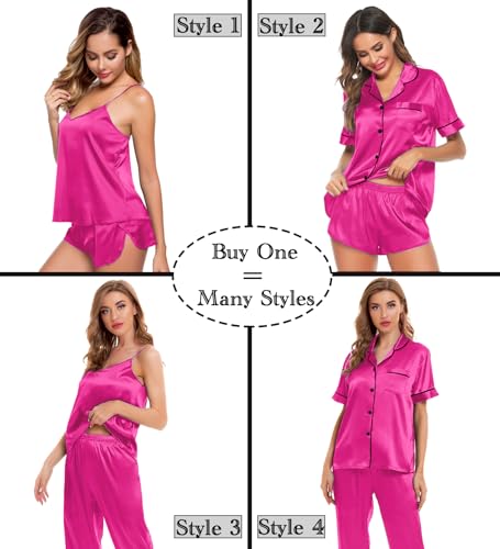 Image of SWOMOG Womens Silk Satin Pajamas Sets 4pcs Sleepwear Sexy Cami Shorts Set and Button Down Short Sleeve Pjs Loungewear Rose Red X-Large