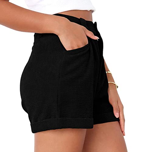 Corduroy Shorts Women Summer Shorts Mid-Waist Cuffed Hem Corduroy Shorts With Pockets Womens Corduroy (1-Black, M) #TOP1