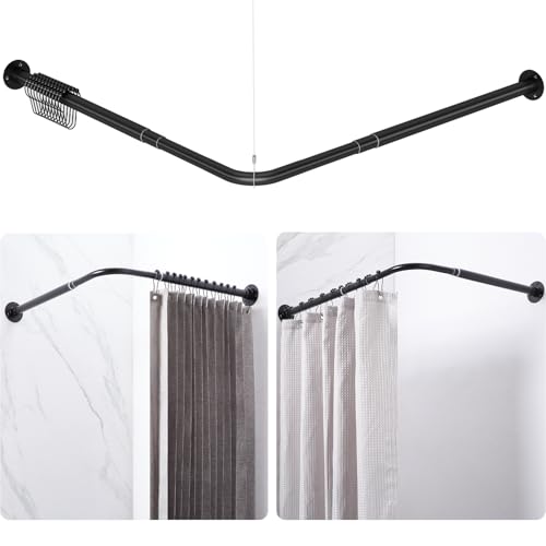 Yampos L Shaped Corner Shower Curtain Rod 24.3 - 48 x 24.3 - 48 Adjustable 90 Degree Right Angled Shower Rod Square Curtain Rail for Bathroom Bathtub with 12 Hooks & Ceiling Support