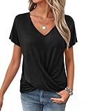 WNEEDU Tshirt Damen Sommer-V Ausschnitt Kurzarm T-Shirt Damen Elegant Twist Front Oberteile Bluse Basic Top lässige Schwarz L