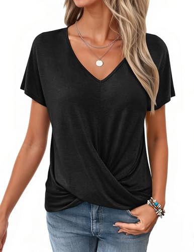 WNEEDU Tshirt Damen Sommer-V Ausschnitt Kurzarm T-Shirt Damen Elegant Twist Front Oberteile Bluse Basic Top lässige Schwarz M