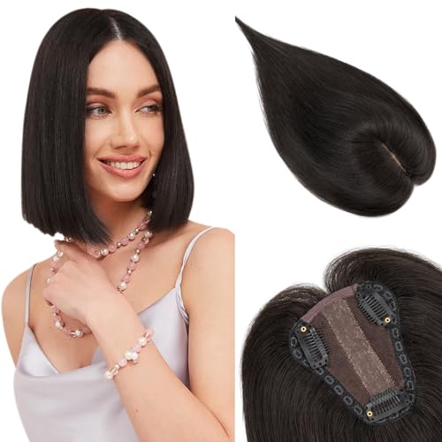 SLEEKALON Hair Toppers for Women Real Human Hair, 8x10cm Natural Black Remy Hair Topper for Women with Thinning Hair Topper Wiglets Top Hair Piece to Cover Grey Hair(10 Inch,Natural Black)