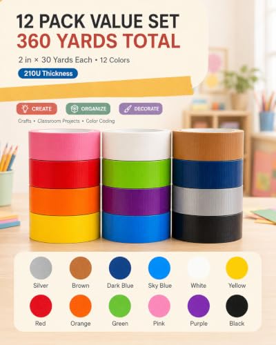 Image of 12 Pack Colored Duct Tape Heavy Duty: Rainbow Bright Variety Pack Furniture Repair Decorative Duct Tape Bulk - Great for Arts Crafts DIY Packaging Indoor Outdoor (12Pack-1.88inx30Yards)