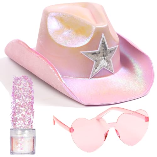 Funcredible Pink Sparkly Cowboy Hat and Glasses - Pink Holographic Cowboy Hat for Women - Cowgirl Costume Accessories - Space Cowgirl Outfit