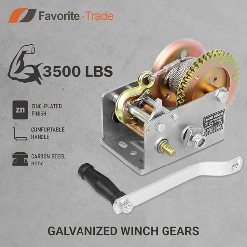 Favorite-Trade Trailer Winch – Durable Hand Crank – 3500 lbs Hand Winch with Cable - Boat Trailer Cable, Heavy Duty Rope Crank for Trailer, Boat or ATV Towing