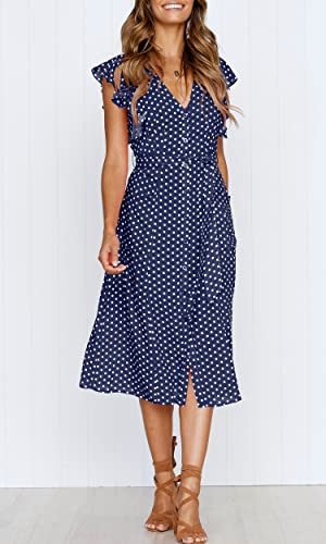 MITILLY Women's Boho Polka Dot Flutter Short Sleeve V Neck Button Down Swing Midi Dress with Pockets2