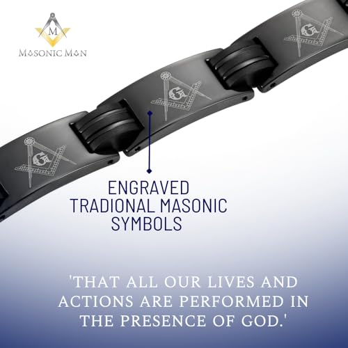 MasonicMan Men's Black Titanium Masonic Freemasonry Bracelet Adjustable in Gift Box2