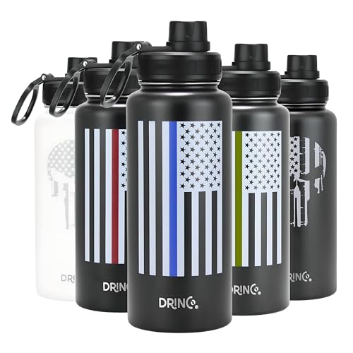 Spout Lid Vacuum Insulated Double Wall Water Bottle Usa Flag Military Veteran (32oz Thin Blue Black, 32oz)