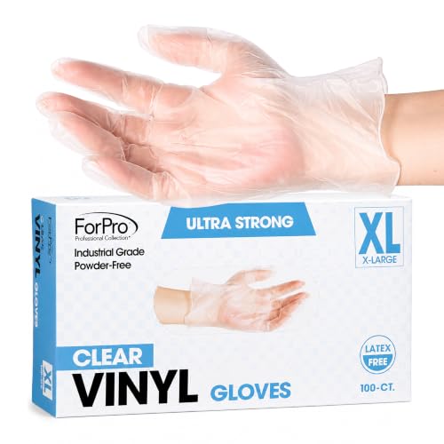 ForPro Disposable Vinyl Gloves Clear Industrial Grade Powder-Free Latex-Free Non-Sterile Food Safe 2.75 Mil. Palm 3.9 Mil. Fingers X-Large 100-Count