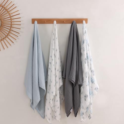 Image of Viviland Muslin Swaddle Blankets, Swaddle Wrap for Boys and Girls, Breathable and Skin-Friendly Baby Receiving Blankets, Baby Essentials, 4-Pack Blue Elephant, 47 x 47 inches