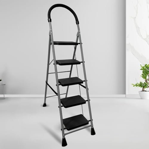 Image of FLIPZON 5 Step Folding Ladder for Home Use | Heavy Duty Steel Step Ladder with Anti-Skid Wide Steps & Soft Grip Handle | Strong, Safe & Durable Ladder for Kitchen, Cleaning & Office (Grey & Black)