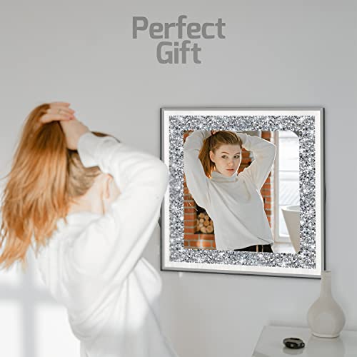 Square Bling Mirror, Glass Wall Mirror, Silver Home Decor, Frameless Crushed Diamond, Wall Mirror With Crystal, Crush Mirror, Crystal Mirror, Elegant, Dazzle, Diamond Mirror (20 X 20 Inch) #TOP2