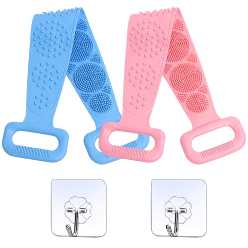 2pcs Esponja Silicona Cuerpo, Cepillo Ducha Espalda Suave con Partículas de Masaje, Doble Cara Cepillo Exfoliante Corporal Silicona, Cepillo Corporal para Limpiar,Masajee,con 2 ganchos（rosado azul）