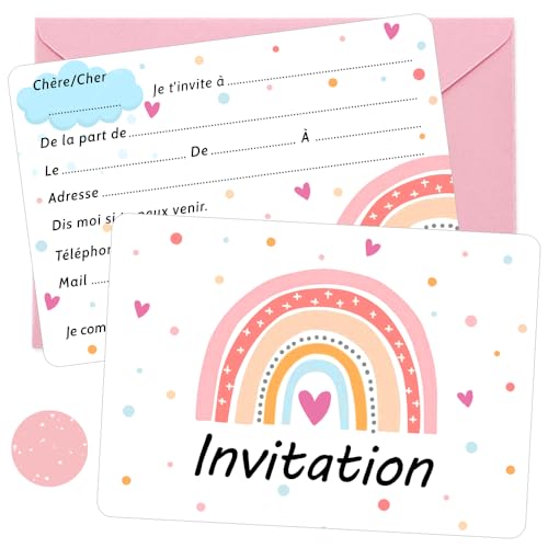 12 Pièces Arc En Ciel Invitation Carte Set, Fille Anniversaire Invitation Carte Avec 12 Rose Enveloppe et 48 Enveloppe Autocollant, Enfant Invites Pour...