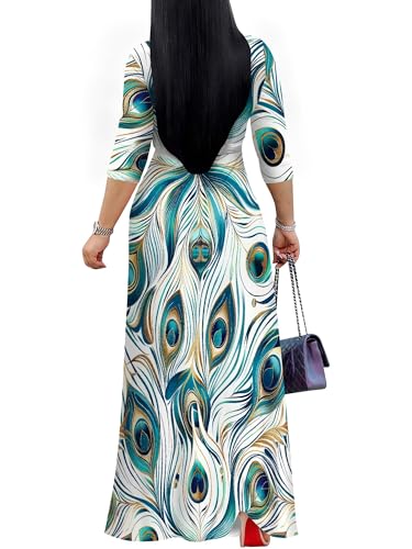Image of PinkPatty Plus Size Maxi Dress for Women Casual V Neck 3 /4 Sleeve Boho Printed Long Dress with Pockets