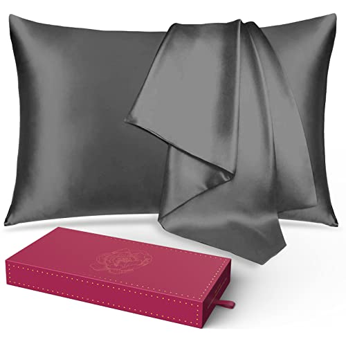 Silk Pillowcase For Hair And Skin, 22 Momme 100% 6A Soft Silk Pillow Case With Hidden Zipper, 600 Thread Count, Dual Sided Silk Fabrics/Wood Pulp Fiber, 1 Pack (Queen Size 20"X30", Dark Gray) #TOP28