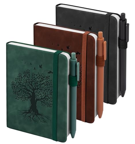 3 Pack Pocket Journaling Notebooks, A6 Small Notebook Total 360 Pages Journaling Notebooks For Note Taking Journals For Writing Mini Note Pads With Pen Holder 100 GSM Thick Paper(Black,Green,Brown)