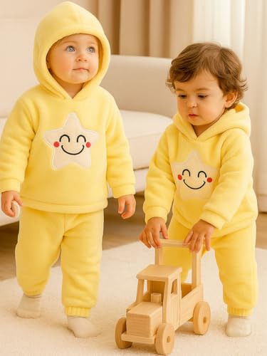 Image of Bold N Elegant Unisex Kids Fleece Printed Smiling Star Warm Fur Pullover Sweatshirt Hoodie Tshirt and Jogger Pant Winter Clothing Set Dress