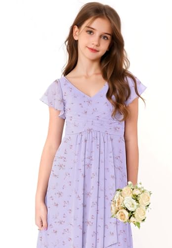 Chiffon Floral Junior Bridesmaid Dresses for Girls Ruffle Sleeves Party Formal Guest Wedding V Neck Flower Girl Dress2