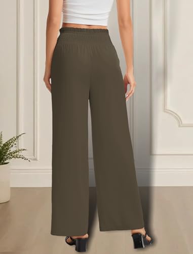 Stylish Wide Leg Trousers for Women with Bow Detail and Side Pockets Comfortable Elastic Waist Dressy Pants for Business Casual Office Wrinkle Resistant Slacks Dark Coffee M — view 5